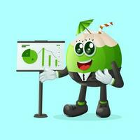 Cute coconut character presenting financial reports vector