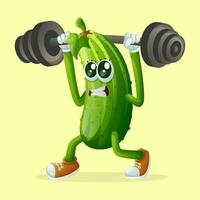 Cute cucumber character lifting weights vector