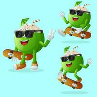 Cute coconut characters skateboarding vector