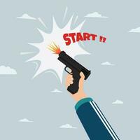 Hand holding a handgun and firing with start word. Start the game or sport competition concept vector illustration