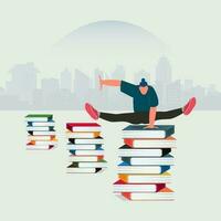 Man jumping on books stack vector illustration. Study process concept