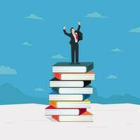 Businessman excited standing on book stack vector illustration