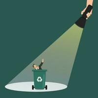 Hand holding a flashlight uncovering businessman hiding in a trash can design vector illustration