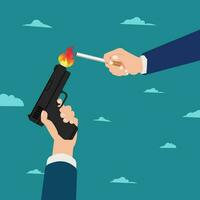 Businessman hands with cigarette and gun lighter vector illustration