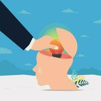 Businessman hand took the light bulb from inside the head. Stealing ideas concept vector