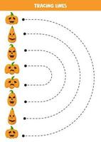 Tracing lines for kids. Cartoon cute Halloween pumpkins. vector