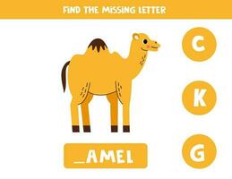 Find missing letter with cartoon camel. Spelling worksheet. vector