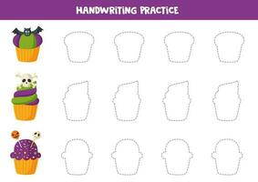 Handwriting practice with cartoon Halloween cupcakes. Tracing lines for preschoolers. vector