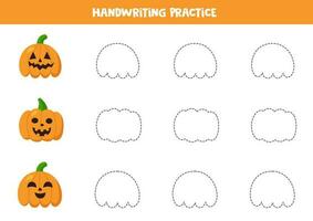 Handwriting practice with cartoon Halloween pumpkins. Tracing lines for preschoolers. Vector illustration.