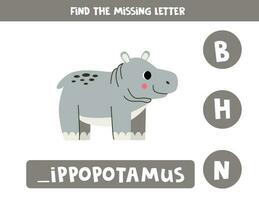 Find missing letter with cartoon hippopotamus. Spelling worksheet. vector