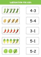 Subtraction game with cute cartoon vegetables. Matching game. vector