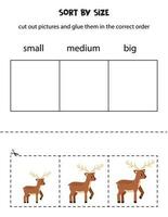 Sort cute deer by size. Educational worksheet for kids. vector