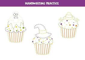 Handwriting practice with cartoon Halloween cupcakes. Tracing lines for preschoolers. Vector illustration.