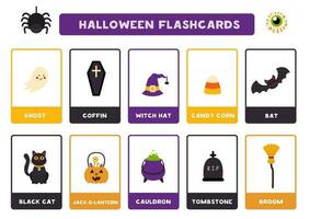 Cute Halloween items with names. Flashcards for learning English. vector