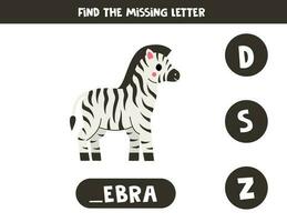 Find missing letter with cartoon zebra. Spelling worksheet. vector