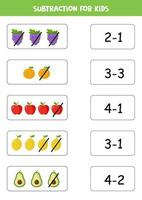 Subtraction game with cute cartoon fruits. Matching game. vector