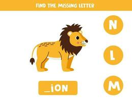 Find missing letter with cartoon lion. Spelling worksheet. vector