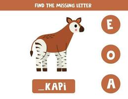 Find missing letter with cartoon okapi. Spelling worksheet. vector