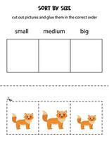 Sort cute fox by size. Educational worksheet for kids. vector