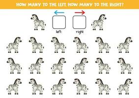 Left or right with cute cartoon zebra. Logical worksheet for preschoolers. vector