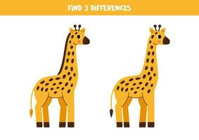 Find three differences between two pictures of cute giraffes. Game for kids. vector