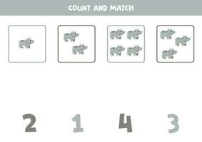 Counting game for kids. Count all hippopotamuses and match with numbers. Worksheet for children. vector