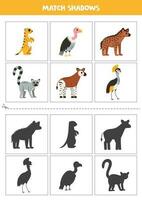 Find shadows of cute African animals. Cards for kids. vector