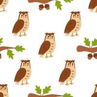 Seamless pattern with cute owl and tree branch. Woodland repeat pattern. vector