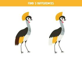 Find three differences between two pictures of crowned cranes. Game for kids. vector