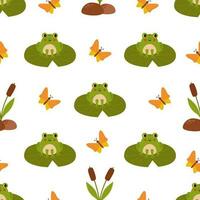 Seamless pattern with cute frogs and butterflies. Woodland repeat pattern. vector