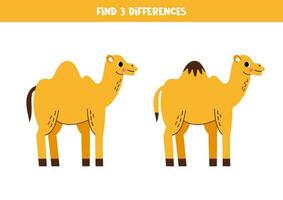 Find three differences between two pictures of cute camels. Game for kids. vector