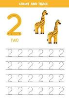 Trace numbers. Number 2 two. Cute cartoon giraffes. vector