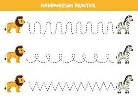 Handwriting practice with cute lion and zebra. Tracing lines for preschoolers. Vector illustration.