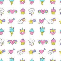 Seamless pattern with cute unicorn ice cream donut strawberry and heart. vector