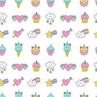 Seamless pattern with cute unicorn ice cream donut strawberry and heart. vector