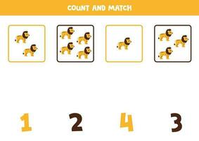 Counting game for kids. Count all lions and match with numbers. Worksheet for children. vector