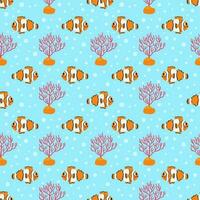 Seamless pattern with cute clownfish on blue background. vector