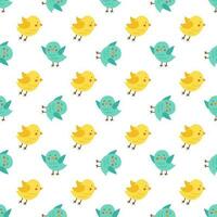 Spring repeat pattern with cute blue and yellow birds. vector