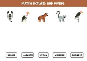 Match pictures and words. Logical puzzle for kids. African animals. vector