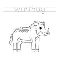 Trace the letters and color cartoon warthog. Handwriting practice for kids. vector