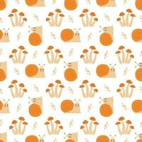 Seamless pattern with cute snails and mushrooms. Woodland pattern. vector