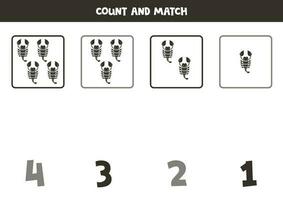 Counting game for kids. Count all black scorpions and match with numbers. Worksheet for children. vector