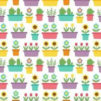 Seamless pattern with cartoon flower pots on white background. vector