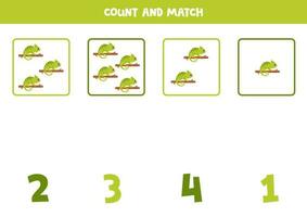 Counting game for kids. Count all chameleons and match with numbers. Worksheet for children. vector