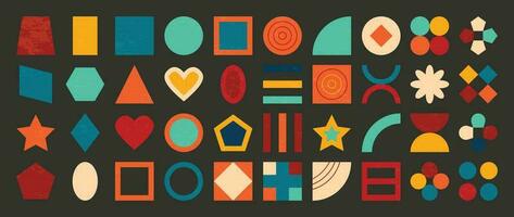 Set of abstract retro geometric shapes vector. Collection of contemporary figure, star, heart, flower in 70s groovy style. Bauhaus Memphis design element perfect for banner, print, stickers, decor. vector