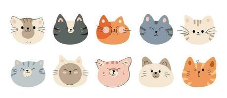 Cute and smile cat heads doodle vector set. Comic happy cat faces character design of different cat breed with flat color isolated on white background. Design illustration for sticker, comic, print.