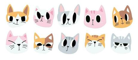 Cute and smile cat heads doodle vector set. Comic happy cat faces character design of different cat breed with flat color isolated on white background. Design illustration for sticker, comic, print.