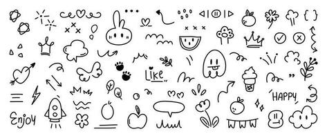 Set of cute pen line doodle element vector. Hand drawn doodle style collection of heart, arrows, scribble, flower, rocket, star, butterfly, words. Design for print, cartoon, card, decoration, sticker. vector