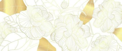 Luxury golden rose flower line art background vector. Natural botanical elegant flower with gold line art. Design illustration for decoration, wall decor, wallpaper, cover, banner, poster, card. vector