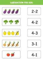 Subtraction game with cute cartoon vegetables. Matching game. vector